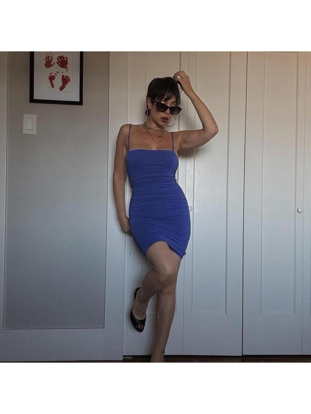 Aritzia ruched bodycon mini dress – periwinkle blue